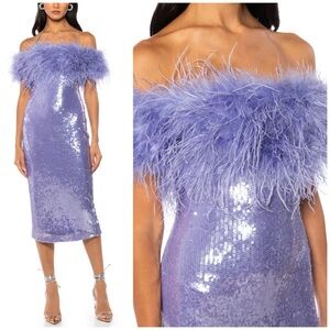 Akira Lavender Sequin Feather Off Shoulder Bardot Midi Dress Size XL